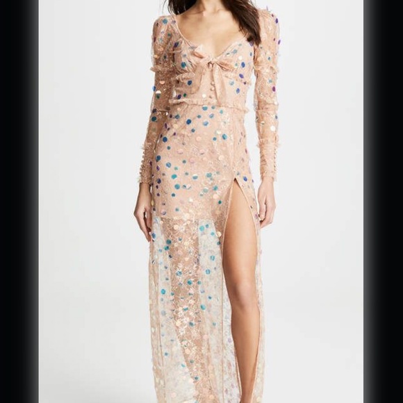 For Love & Lemons Ace Sequin Lace Nude Long Sleeve Slit Maxi Dress Gown - Picture 2 of 11